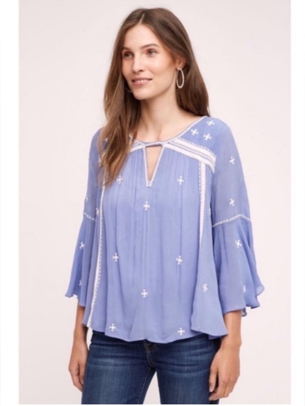 Anthropologie Floreat White Embroidered Periwinkle Peasant Blouse